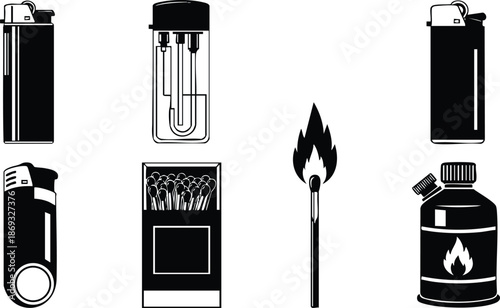 Minimalist vector icons showing assorted black silhouette lighters matchbox burning matchstick and fuel bottle isolated on white background