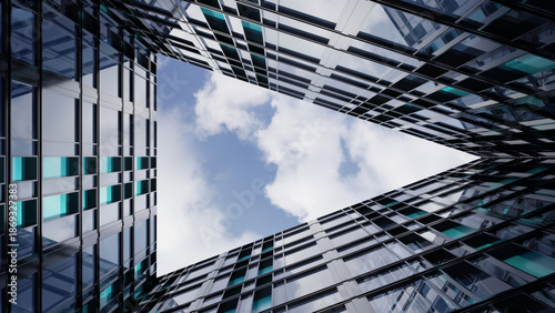 Triangular view of sky framed by modern glass skyscrapers, reflecting clouds and creating dynamic architectural perspective. scene evokes sense of openness and innovation., 3d rendering