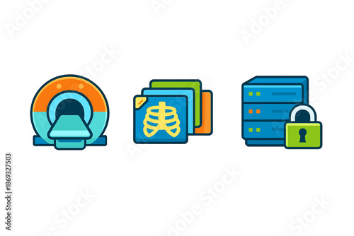 Medical imaging, data storage, and security icons