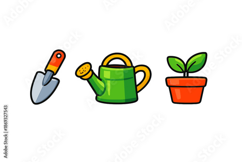Gardening Tools and Plant Icon Set