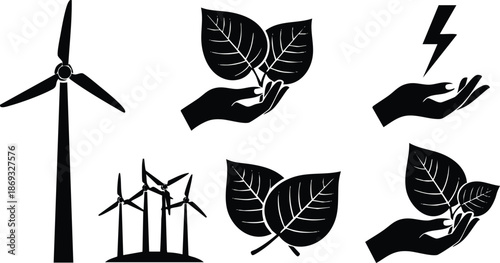 Flat design black silhouettes of wind turbine and hands holding leaves and lightning symbol isolated on white background eco energy icons vector illustration set