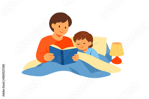 Father reading a bedtime story to his child in bed