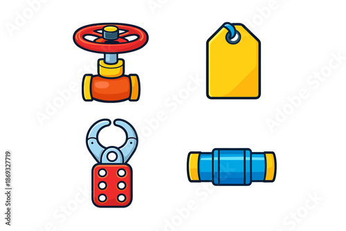 Set of four cartoon icons for industrial or plumbing applications