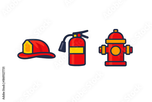 Firefighter icons: helmet, extinguisher, and hydrant