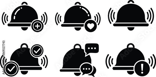 Black notification bell icons with various symbols including plus heart check mark exclamation and speech bubbles set of six flat vector design images showing alert and message concepts