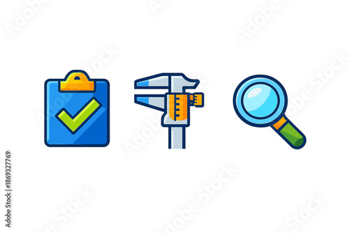 Set of icons: clipboard with checkmark, caliper, and magnifying glass