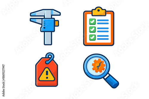 Set of four icons representing measuring, checklist, warning, and search with magnifying glass