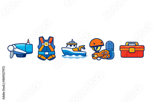 Set of cartoon icons representing industrial equipment and safety gear