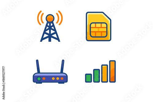 Four icons representing connectivity, including a cell tower, SIM card, router, and signal strength bars.