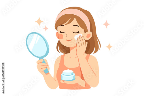 Cute girl applying cream to her face while looking in mirror