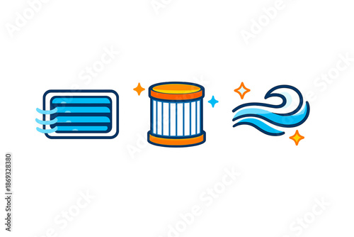 Three cartoon icons of air conditioning, a drum, and air waves