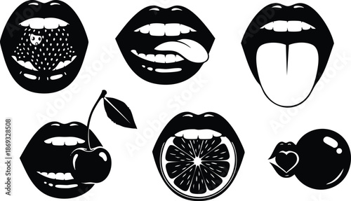 Black and white vector art close up of lips with tongue open mouth holding cherry orange fruit and chewing gum with heart shape blowing bubble in minimal style