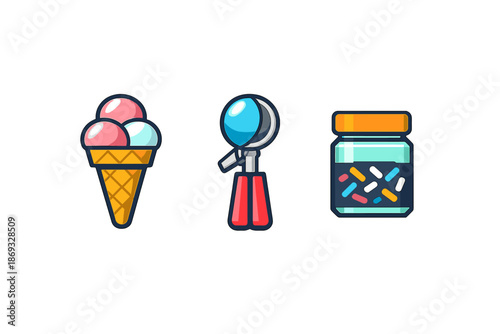 Ice cream, scoop and sprinkles icons on dark background