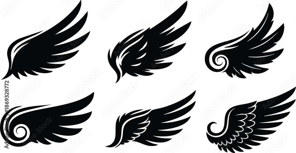 Obraz premium Black silhouette wing set with six different flying feather designs in vector art style isolated on white background with sharp edges and smooth curves