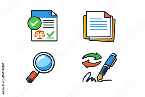 Legal icons set, contract, justice, search, signature