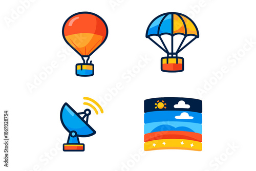 Collection of four flat, neon-lit icons on a dark background.