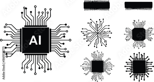 Minimalist vector art of ai microchip circuit board icons with detailed connections technology design set for electronic hardware symbol illustration