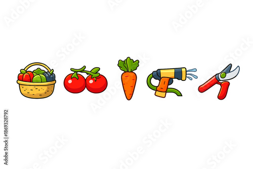 Gardening and Harvest Icons Set on Blurred Background