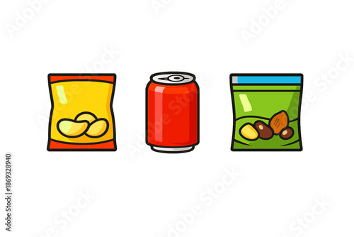 Set of snack icons: chips, soda can, and nuts