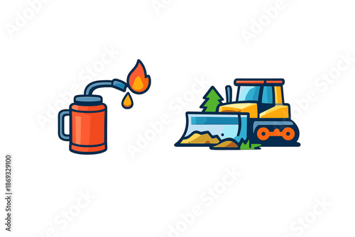 Cartoon icons of a blowtorch and a bulldozer