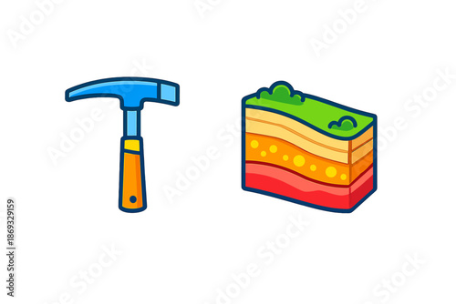 Geology icons: rock hammer and layered earth cross-section