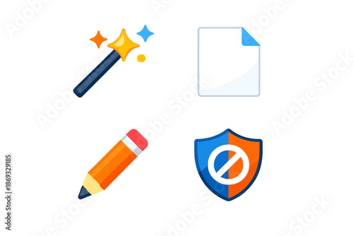 Set of four icons: magic wand, document, pencil, and shield with prohibition sign