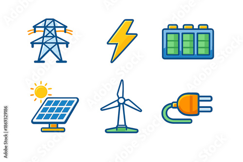 Renewable energy sources and electricity icons
