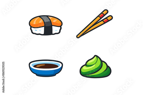 Sushi icon set with soy sauce and wasabi