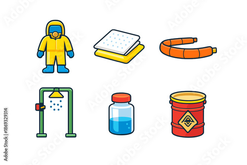 Hazmat suit, containment boom, absorbent pads, safety shower, vial and barrel icons