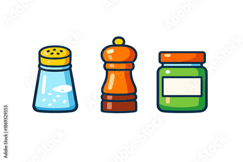 Cartoon salt shaker, pepper mill, and spice jar icons