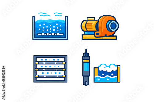 Set of icons representing water treatment process