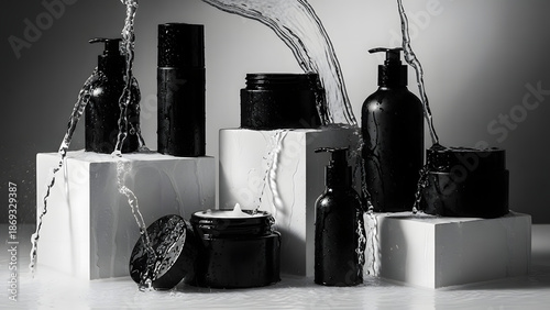 Cosmetic Containers on White Surface with Flowing Liquid