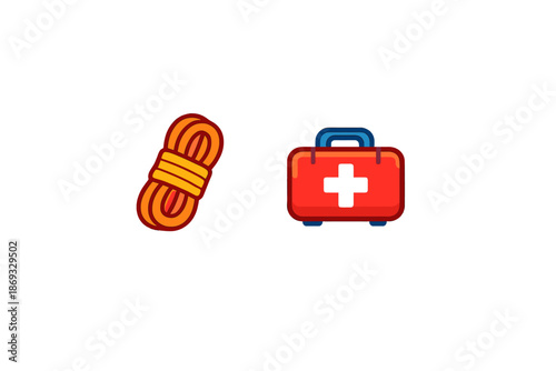 Rope and first aid kit icons on a grey background