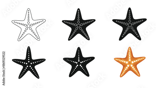 Set of six starfish icons, including outline, silhouette and color variations, perfect for marine life, ocean, or sea creature design projects