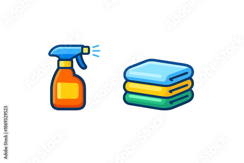 Cleaning spray bottle and folded towels icon