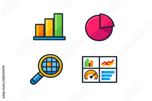 Data analysis icons with charts and graphs
