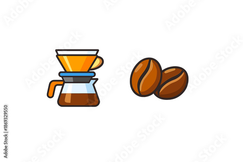 Coffee drip maker and coffee beans icon