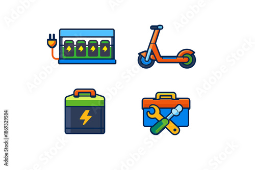 Electric scooter charging station and repair kit icons