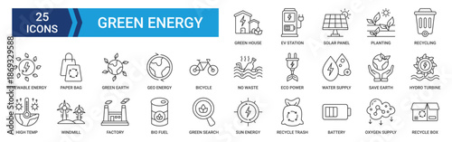 Green energy icons set. Containing green house, ev station, solar panel, planting, recycling and renewable energy icons. Outline icons collection. Vector illustration.