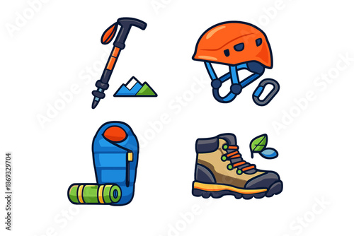 Collection of stylized outdoor adventure gear icons