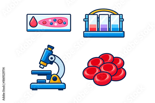 Medical icons: microscope, blood slide, test tubes, and red blood cells