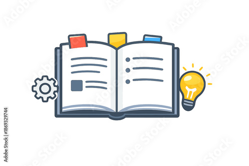 Open book with colorful tabs, gear, and glowing lightbulb