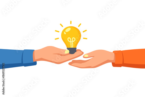 Two hands exchanging a glowing light bulb