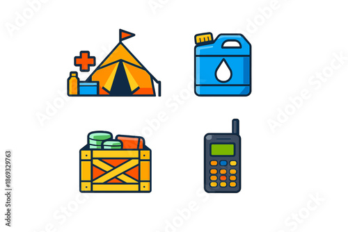 Survival icons: tent, gas can, crate of supplies, and phone