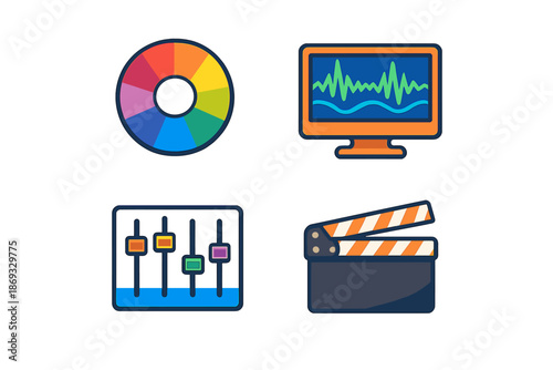 Set of 4 creative media icons on dark background