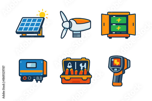 Renewable energy and diagnostic equipment icons