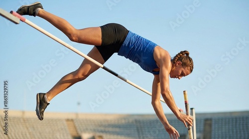Female pole vaulter jumping over bar during outdoor competition  