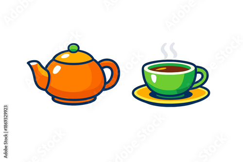 Cute cartoon teapot and steaming cup of coffee on a saucer