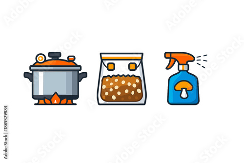 Mushroom growing supplies flat icons