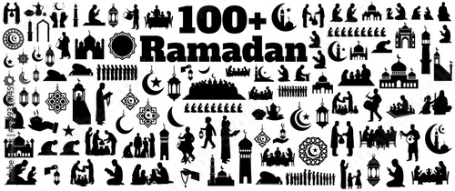 Ramadan islamic icon collection religious symbols silhouettes celebration elements set